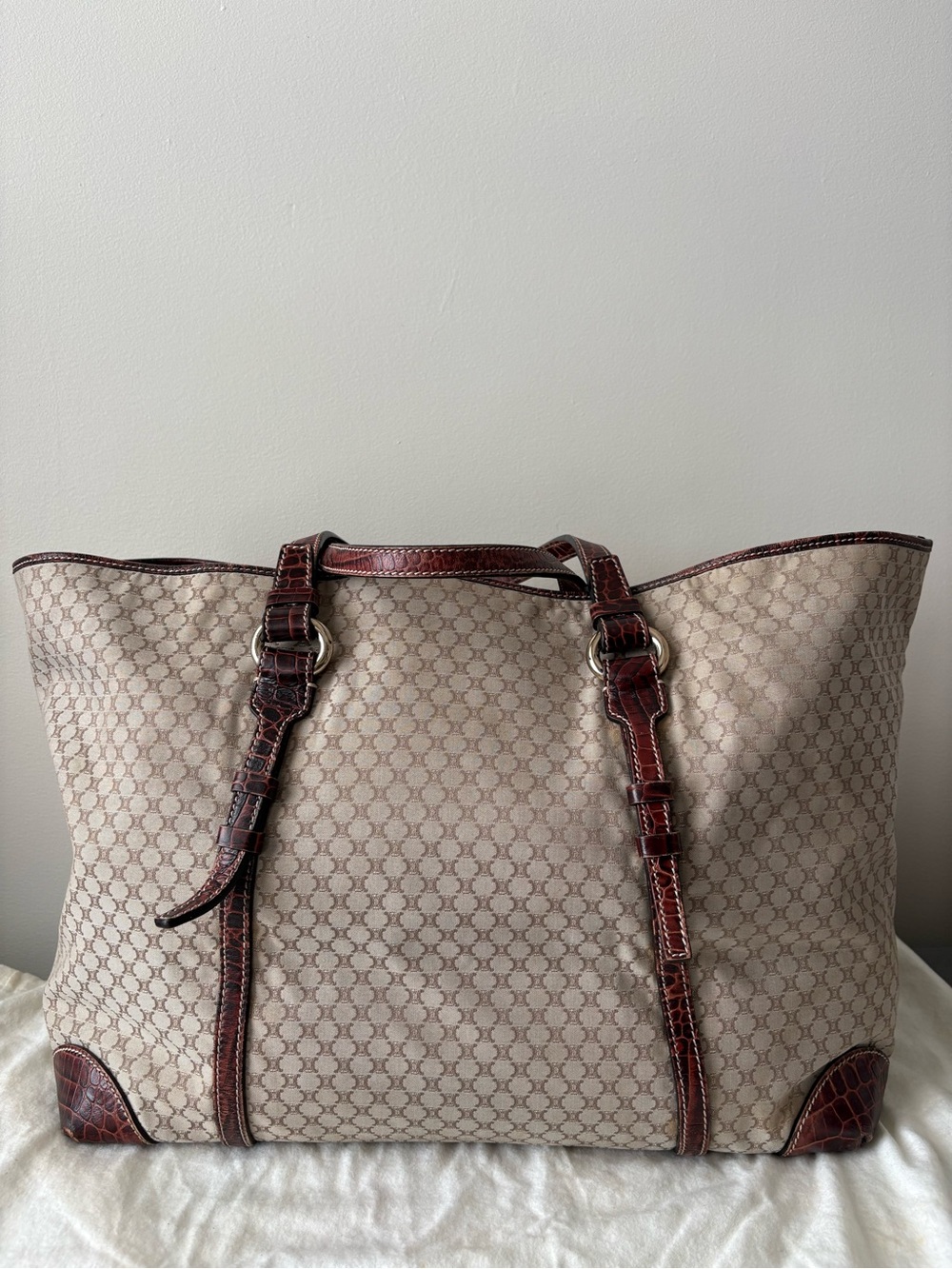 Celine Beige Patterned Tote with Brown Leather Trim